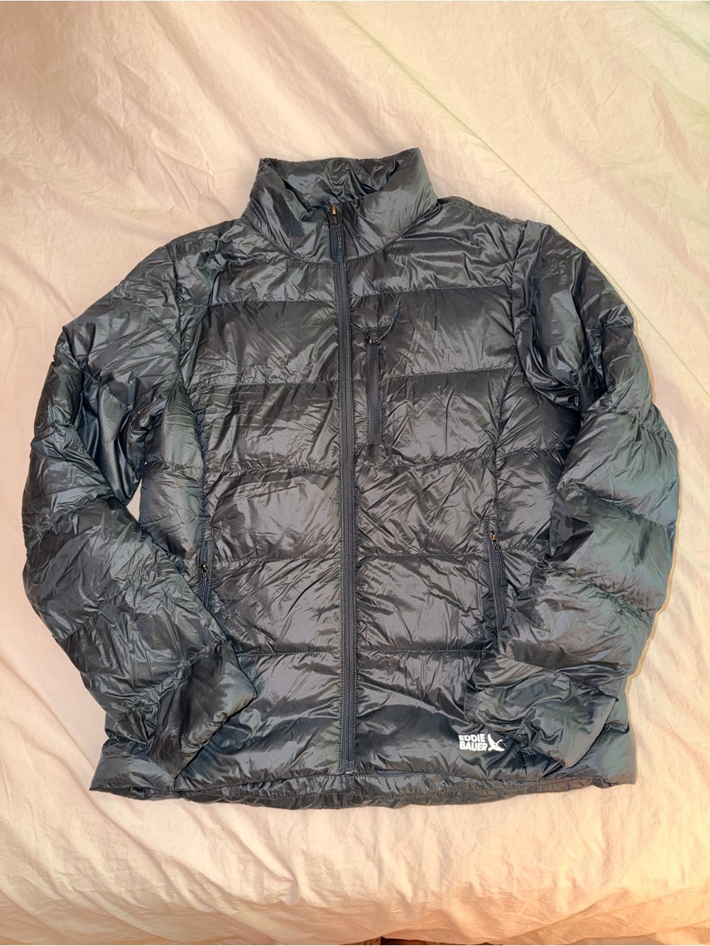 Eddie Bauer Women's 650 Down Jacket size Medium blue Grey packable Zipper Pocket